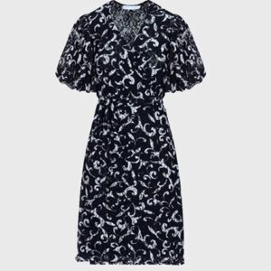 NWT Anne Fontaine Petula Puff SS Indigo Blue White Lace Lined Wrap Dress